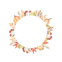 Watercolor Autumn frame with fall leaves, pumpkins and berries. Illustration with maple leaf, orange leaves and branches. Perfect for invitations, greeting cards, posters, prints, social media