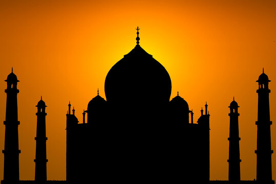 Taj Mahal silhouette during sunset, India