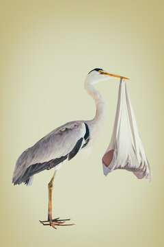 Retro styled image of a stork holding a newborn baby in a blanket