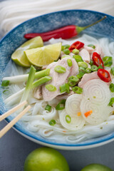 Pho Ga Hanoi or northern vietnamese chicken noodle soup, selective focus, closeup, vertical shot