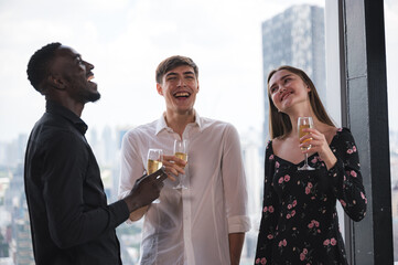 large business team showing unity with their hands together, business team celebrating