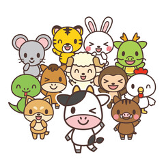 かわいい漫画の動物キャラクターの集合イラスト、十二支キャラクター