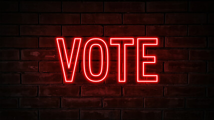 Obraz premium Vote - red neon light word on brick wall background