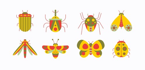 Various abstract Bugs. Different insects. Minimalistic colorful Icons. Simple flat geometric design. Applique, cutout style. Trendy bright Vector illustration. All elements are isolated