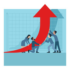 People group (working team) holding chart scheme with arrow up - vector concept for illustration of profit, growth, success