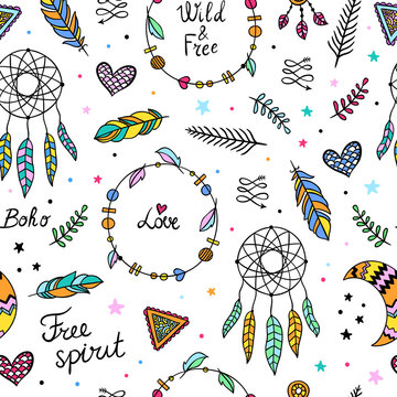 Boho seamless pattern. Vector background with dreamcatcher, cute wreaths, feathers and boho style tribal illustrations