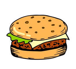 Hand-drawn simple vector color drawing. Burger isolated on white background. For menu prints, labels, packaging. Fast food, diner, cafe.