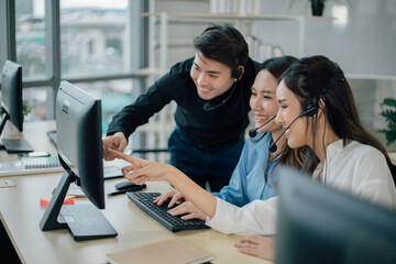 Happy young officer working and looking computer in success concept.