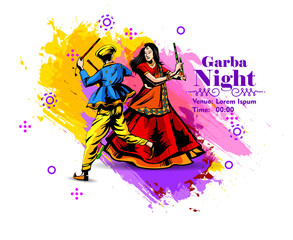 Obraz na płótnie Canvas Vector design of Indian couple playing Garba in Dandiya Night in disco poster for Navratri Dussehra festival of India Invitation Card Background.