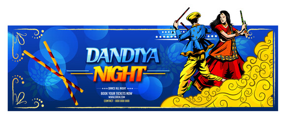 Vector design of Indian couple playing Garba in Dandiya Night  in disco  poster forNavratri Dussehra festival of India Invitation Card Background.
