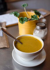 Rica sopa de calabaza y decoracion natural en restaurant