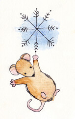 Watercolor drawing of mouse and snowflake