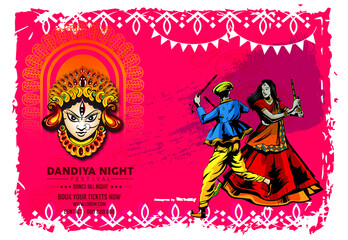 Vector design of Indian couple playing Garba in Dandiya Night  in disco  poster for Navratri Dussehra festival of India Invitation Card Background.