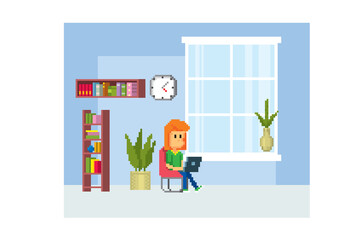 A young woman sits in a chair and works with a laptop. Pixel art. Old school computer graphic. 8 bit video game. Game assets 8-bit sprite. 16-bit.