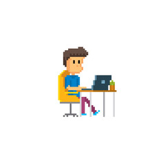 A young woman is sitting on the couch and working with a laptop. Pixel art icon. Old school computer graphic. 8 bit video game.