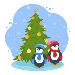 New year cartoon illustration. Funny scene with two penguins and a Christmas tree with balls.
