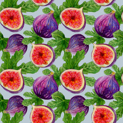 Seamless watercolor pattern with figs and leaves. Hand drawn illustration