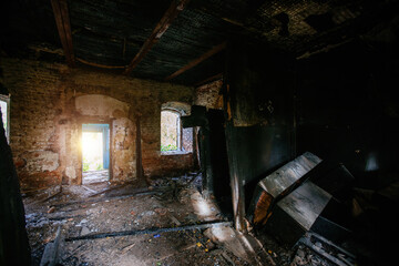 Interior of old historical mansion after fire