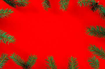 Fototapeta na wymiar Top view Flat lay Christmas still life from christmas decorations on a red background
