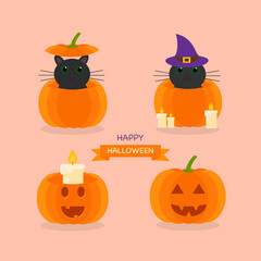 This is a set of vector illustration of a cat and a candle in a pumpkin on a light background. Flat style. Could be used for flyers, postcards, banners, holidays, etc.