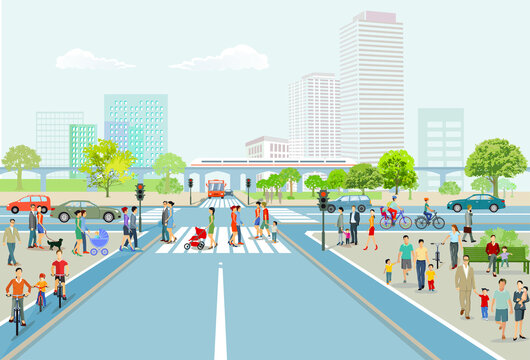 Stadt mit Straßenverkehr, Hochhäuser, Wohnhäuser und Fußgänger auf den Bürgersteig, Illustration