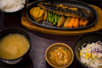 Japanese cuisine grilled saba set close up