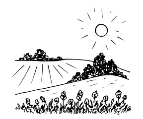 Hand-drawn simple vector black and white drawing. Summer rural landscape, hills, meadows, sun in the sky, flowers in the foreground, bushes and trees. For postcard prints, tourism, travel.