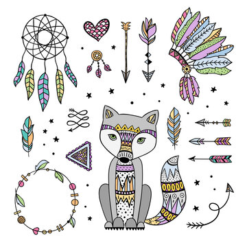 Boho style elements vector set. Hand drawn boho animal, feathers, arrows, wreath on white background