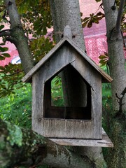 Beautiful wooden empty bird feeder close up view