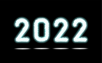 Simply white fluorescent light or glowing neon numbers 2022. New Year illumination on black, dark background. Technology abstract object, glowing lamp. Luminescent holiday ad, vector illustration
