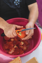 Canned tomato sauce, prepared at home.Harvesting for the winter. tomato sauce preparation for winter