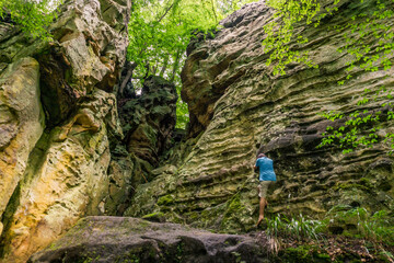 Young man climbs sandstone rock wall in peaceful forest