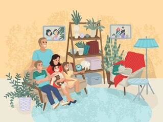 Family is sitting on the couch, a cat in a chair. Home interior, wardrobe in the hall. Rest with parents at home. Family portrait. Vector illustration
