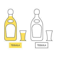 Bottle and glass tequila line art in flat style. Restaurant alcoholic illustration for celebration design. Design contour element. Beverage outline icon. Isolated on white background in graphic style