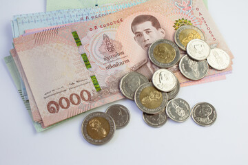money banknote thai baht on white background, savings money and financial business concept, copy space