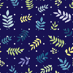 Fototapeta na wymiar Leaves and branches , yellow, purple, blue, green, turquoise, polka dots, small skyblue dots, blue background, snow, vector seamless pattern 