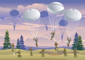 Airborne Special Forces attack off road at sunset, evening landscape and cloudy sky illustration isometric icons on isolated background