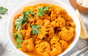 Cauliflower stew with curry, cumin, turmeric and other spices in a white bowl close-up. Curry roasted cauliflower.