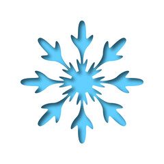 Vector blue snowflake in papercut style with inner shadow. Element for use in decorating illustrations.