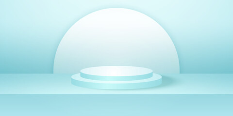 Realistic round podium or pedestal with cyan empty studio room, minimal product background, template mock up for display, geometric shape
