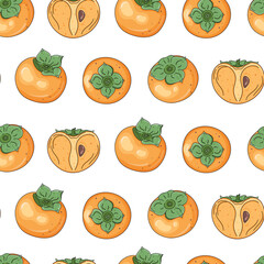 Seamless vector pattern with hand drawn cute whole and cut in half persimmons isolated on white background. Top view. For wrapping paper, card, invitation, gift, fabric, wallpaper, textile.