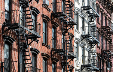 Fire escapes on old buildings along Orchard Street in the Lower East Side neighborhood of New York...