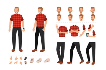 Young man cartoon character for motion design with facial expressions, hand gestures, body and leg movement