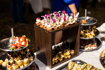A set of canapes and snack at a banquet with white table