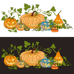 Two illustrations of pumpkins for Halloween on a white and dark background. Funny faces on different varieties of pumpkins.