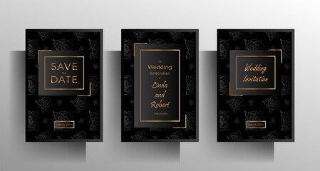 Wedding invitation template set. Austere, elegant design in black tones with a hand-drawn floral pattern. 10 EPS vector.