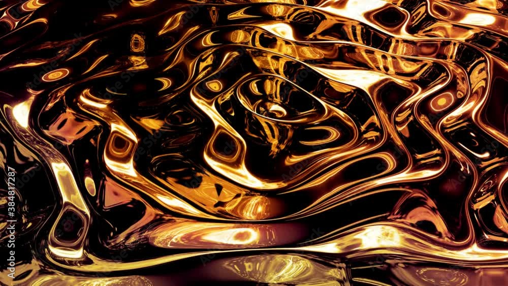 Poster looped abstract background with wavy sparkling golden liquid pattern on shiny glossy surface. viscou
