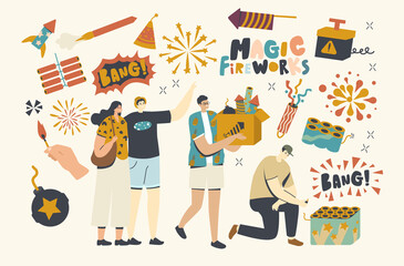 Naklejka premium Happy Characters Enjoying Fireworks Outdoor for Christmas or New Year Holiday Celebration, Man Carry Box with Petards