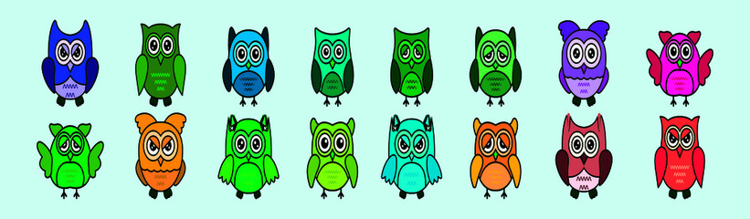 set of owl cartoon icon design template with various models. vector illustration isolated on blue background