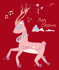 Christmas magic deer on greeting card, red background. Reindeer running in the mountains with antlers decorated with candy. Festive cartoon isolated character for design, print.